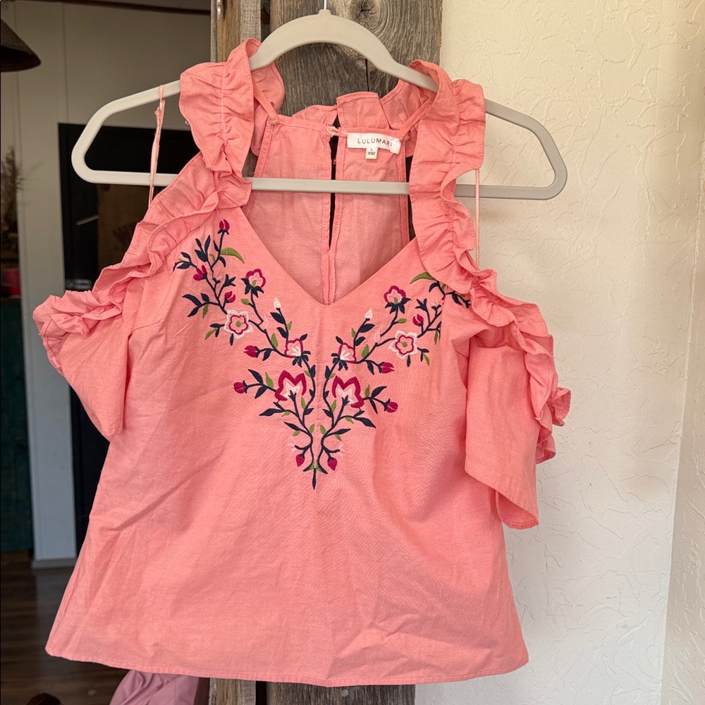Embroidered coral blouse